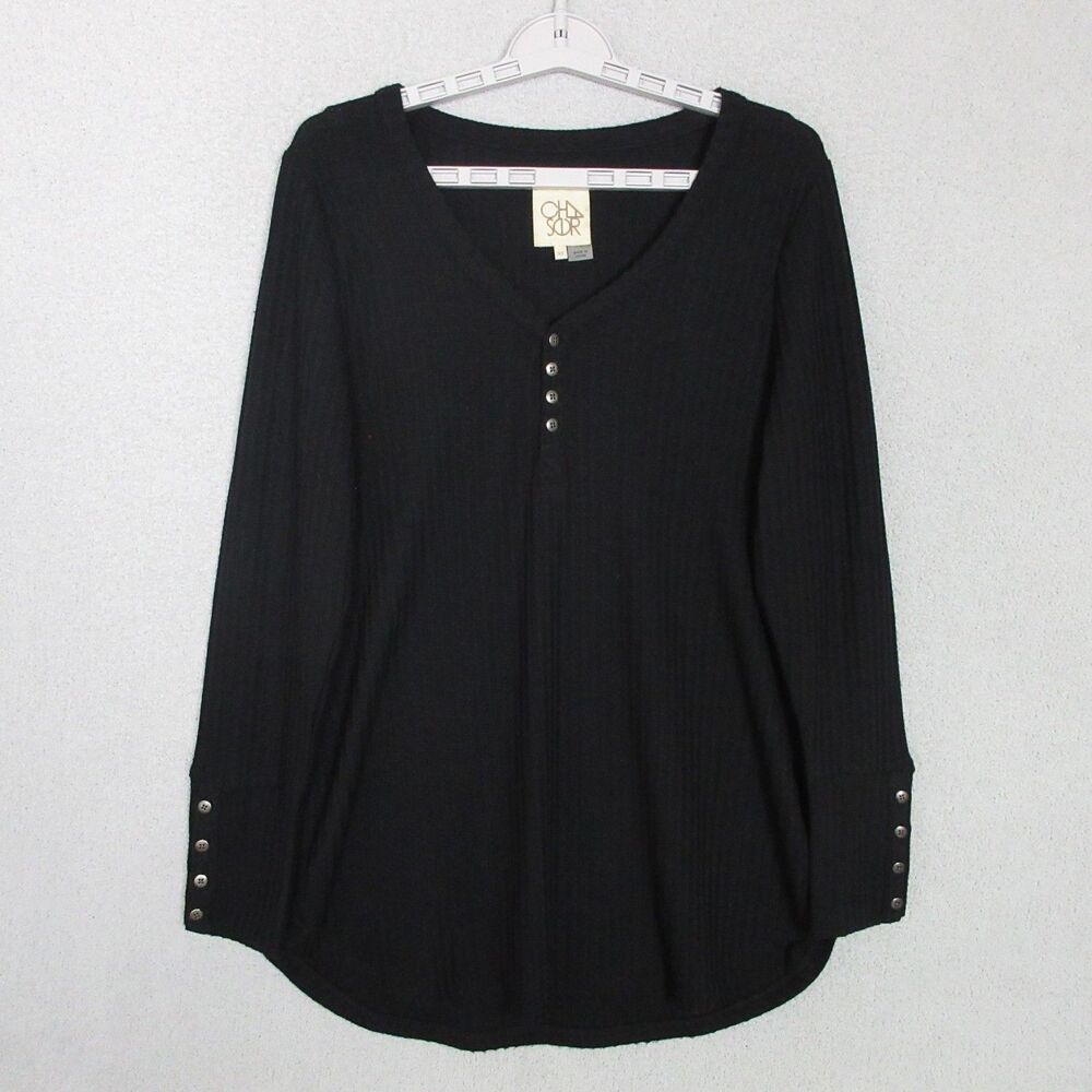 Chaser Henley Top Womens XL Black Long Sleeve Thermal Waffle Button Cuff Stretch